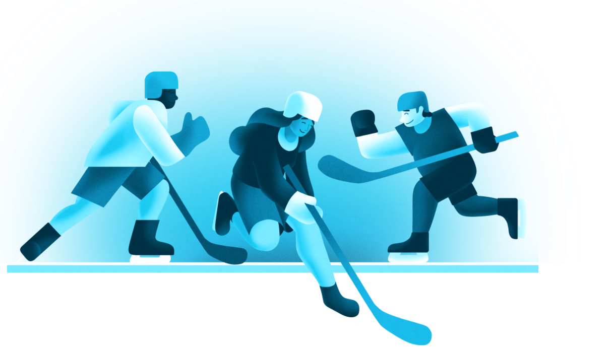 Three people playing hockey together