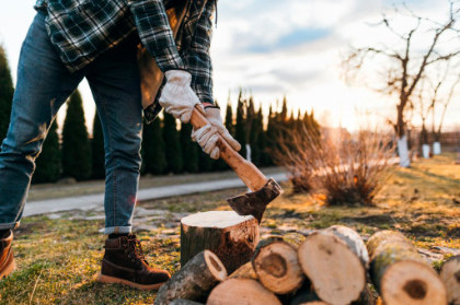 A person chopping wood outside on a sunny day with trees in the background