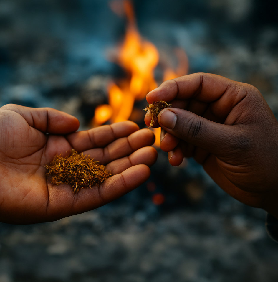 Ceremonial tobacco being cupped in a person's hand